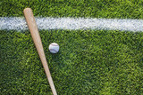 Baseball bat and ball on grass field viewed from above
