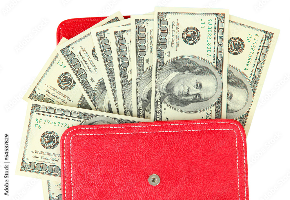 Purse with hundred dollar banknotes, isolated on white