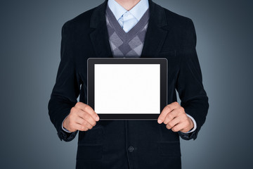 Business person showing blank digital tablet