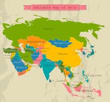 Editable Asia Map With All Countries.