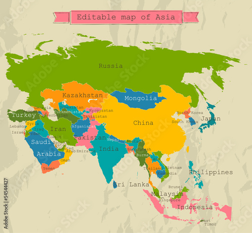 Board z aluminiowym obramowaniem Edytowalna mapa Asia ze wszystkimi krajami.