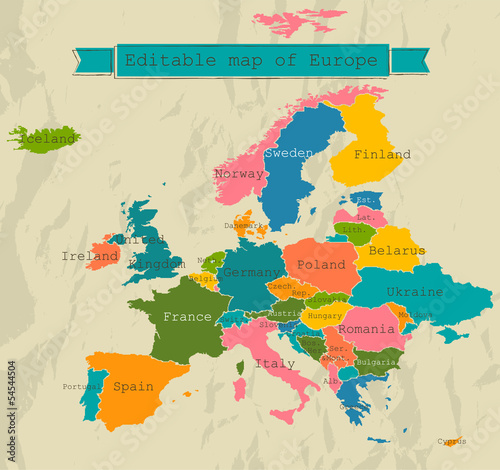 Naklejka samoprzylepna Edytowalna mapa Europy ze wszystkimi krajami.