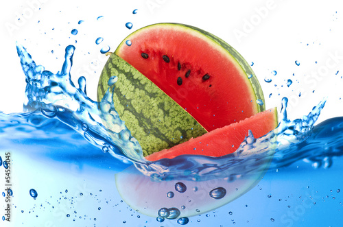 Naklejka na szybę Watermelon splash in the water over white background