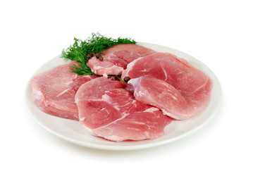 Fresh raw pork on a plate isolated on white background