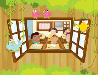 students inside the classroom with birds at the window