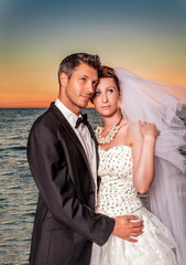 Wall Mural - bride couple sunset