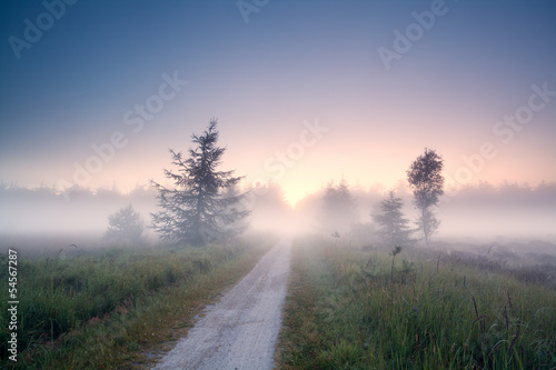 Naklejka nad blat kuchenny ground road into fog at sunrise