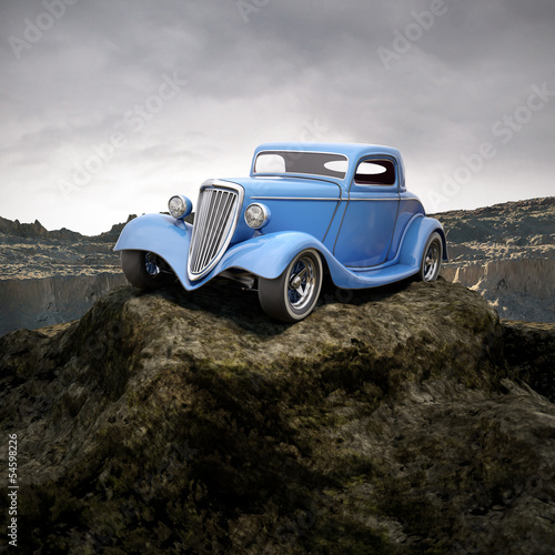 Nowoczesny obraz na płótnie hot rod in overcastted natural environment 3d illustration