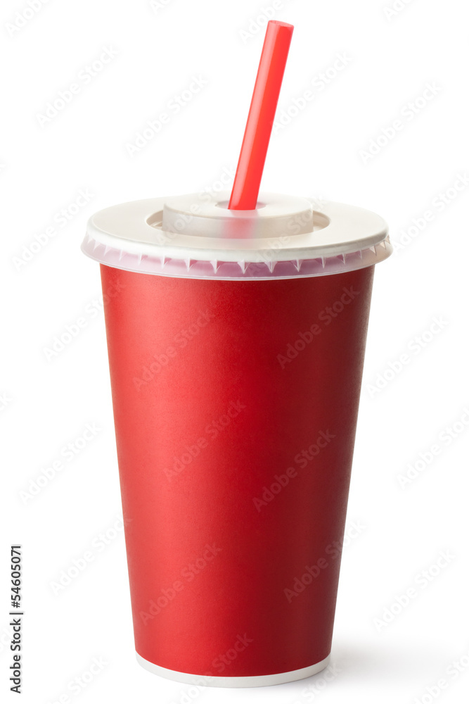 Red cardboard cup with a straw - obrazy, fototapety, plakaty 