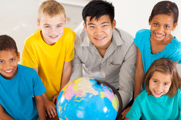 geography teacher with group of primary students