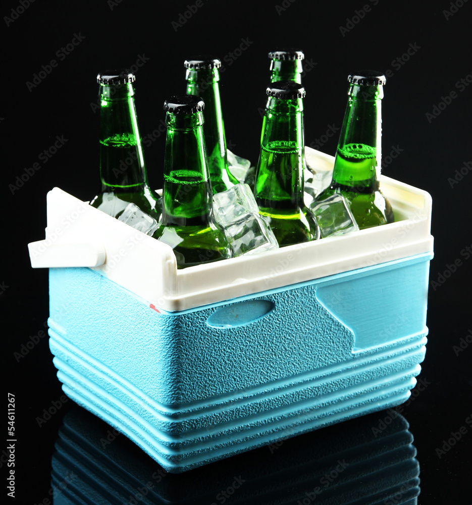 Bottles of beer with ice cubes in mini refrigerator,