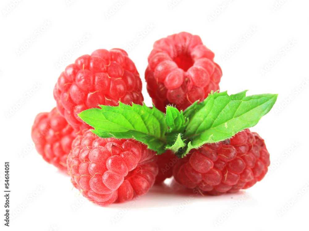 Ripe sweet raspberries isolated on white