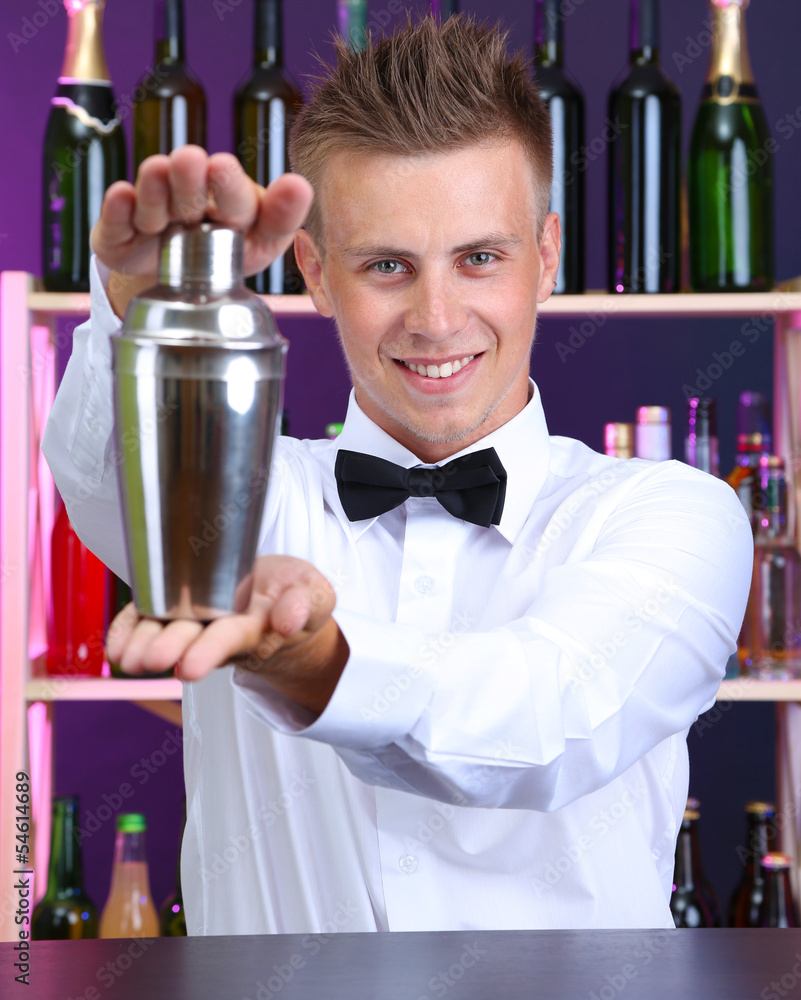 Portrait of handsome barman with shaker, at bar