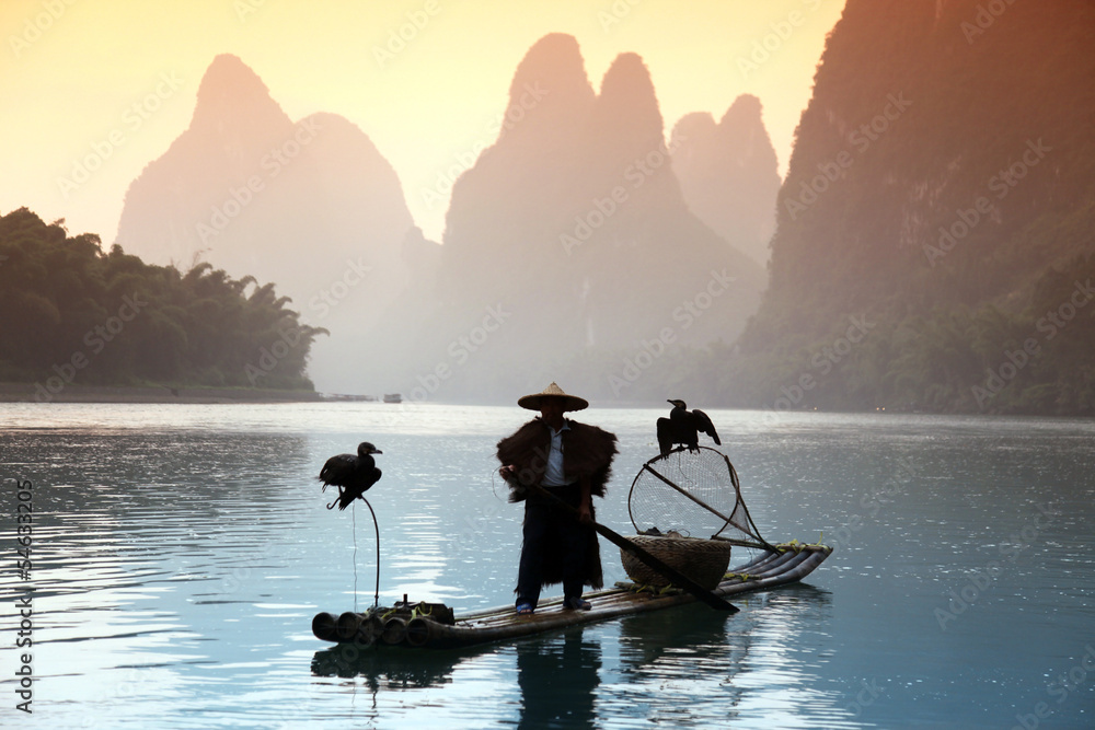 YANGSHUO - JUNE 18: Chinese man fishing with cormorants birds in - obrazy, fototapety, plakaty 