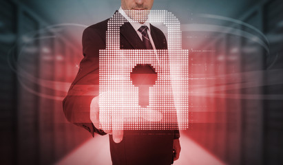 Poster - Businessman touching futuristic red lock touchscreen