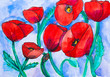 Children's drawing watercolor poppies