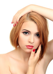 Sticker - portrait of sexy young woman with glamour make up and red