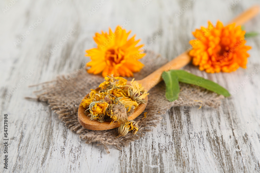 Fresh and dried calendula flowers on wooden background
