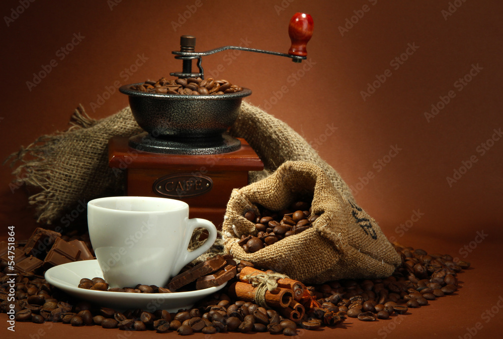 cup of coffee, grinder, turk and coffee beans