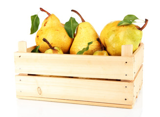 Wall Mural - Juicy pears in wooden box isolated on white