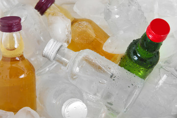 Wall Mural - Minibar bottles with ice cubes, close-up