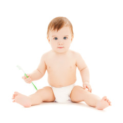 Canvas Print - curious baby brushing teeth