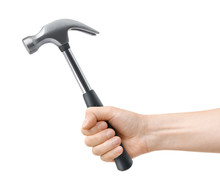 Hand Hold Hammer On A White Background