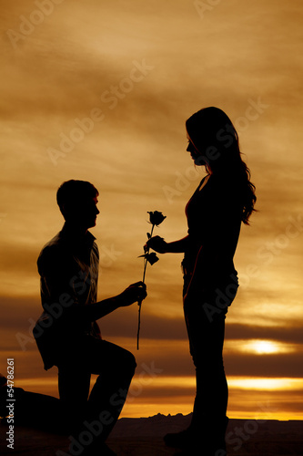 Foto-Duschvorhang nach Maß - Silhouette of man on knee hand woman rose (von Poulsons Photography)