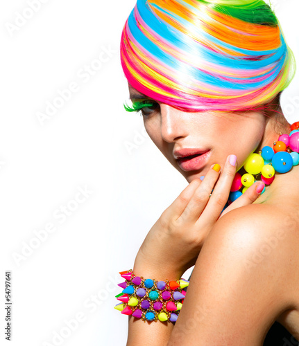 Fototapeta na wymiar Beauty Girl Portrait with Colorful Makeup, Hair and Accessories