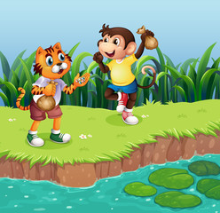 Poster - A monkey and a tiger playing