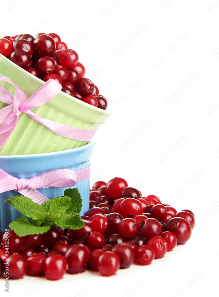 Ripe red cranberries in bowls, isolated on white.