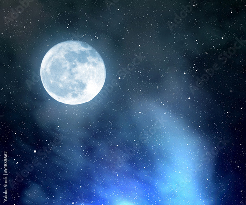 Tapeta ścienna Nocne niebo z gwiazdami, mgławicą i księżycem