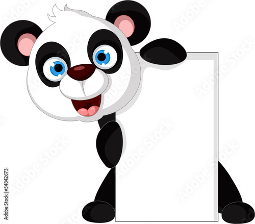 Naklejka ścienna cute panda cartoon posing with blank sign