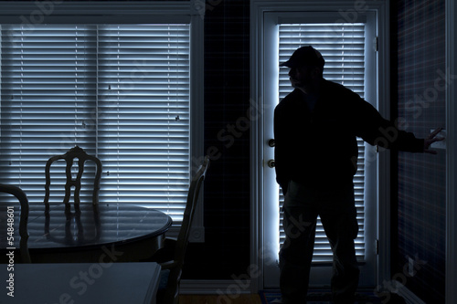 Cuadros en Lienzo Burglar Breaking In To Home At Night Through Back Door