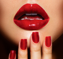 Poster - Red Sexy Lips and Nails closeup. Manicure and Makeup