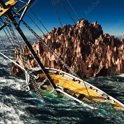 Naklejka na drzwi Pirate brigantine out on sea