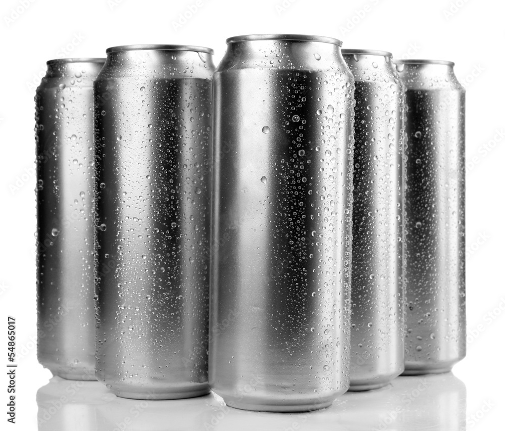Metal cans of beer, isolated on white