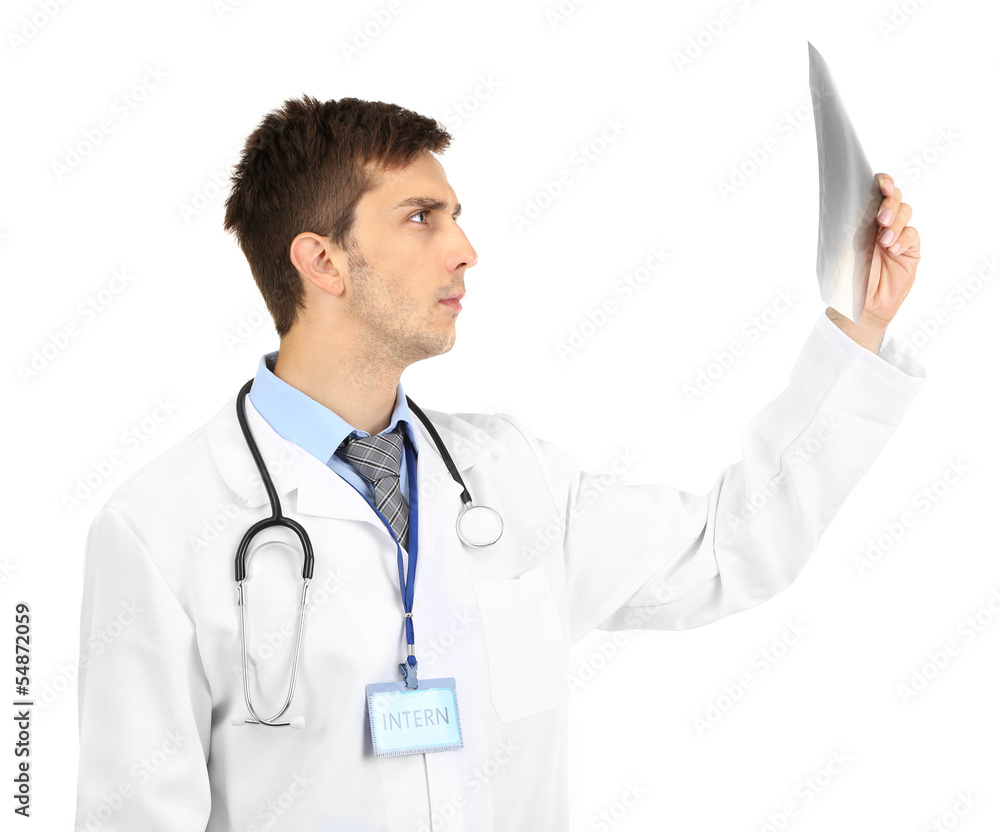 Portrait of young medical intern isolated on white