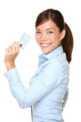 Wall Mural - Casual business woman holding showing credit card