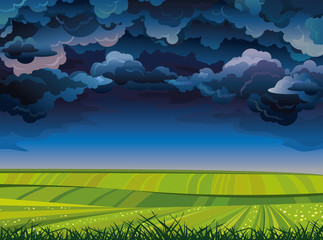 Sticker - Stormy sky and green meadow.