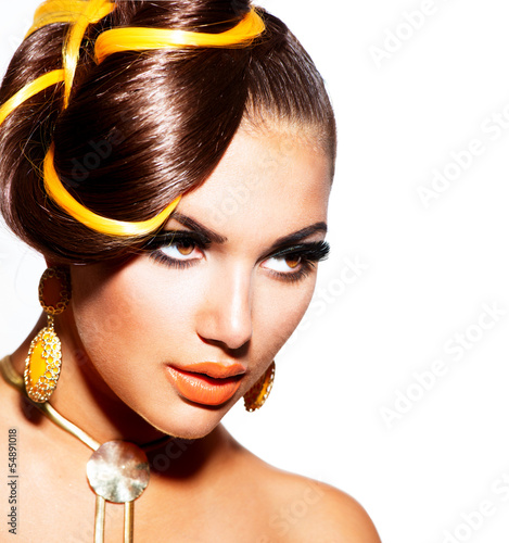 Naklejka na kafelki Fashion Model Girl Portrait with Yellow and Orange Makeup