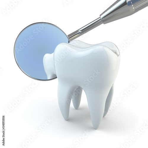 Fotografie, Obraz Tooth and dental equipment on white background.