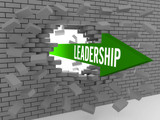 Fototapeta Perspektywa 3d - Arrow with word Leadership breaking brick wall.
