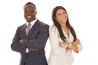 © Poulsons Photography - business man and woman stand back to back close smile