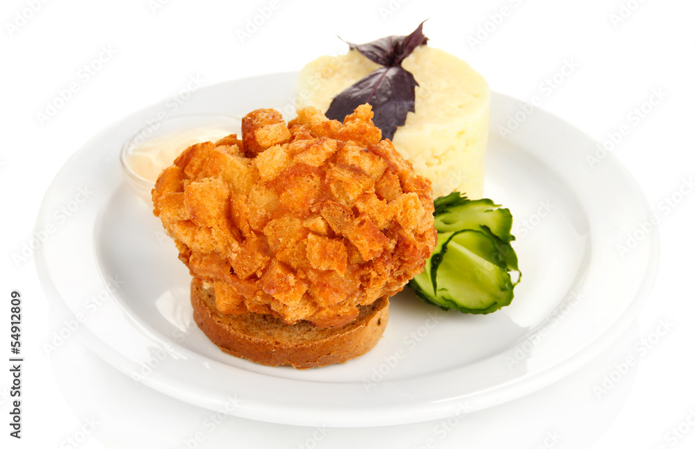 Chicken Kiev  and mashed potatoes on plate, isolated on white