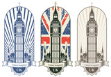 Fototapeta Big Ben - three posters with Big Ben and the British flag
