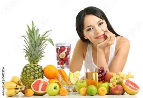 Obraz w ramie Girl with fresh fruits isolated on white