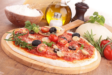 Poster - pizza dough with tomato sauce and ingredients