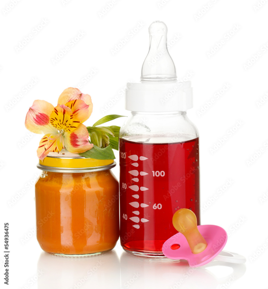Baby bottle with fresh juice and puree isolated on white