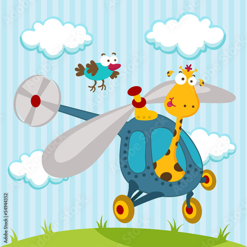Tapeta ścienna Żyrafa i ptak na helikopterze - ilustracja wektor